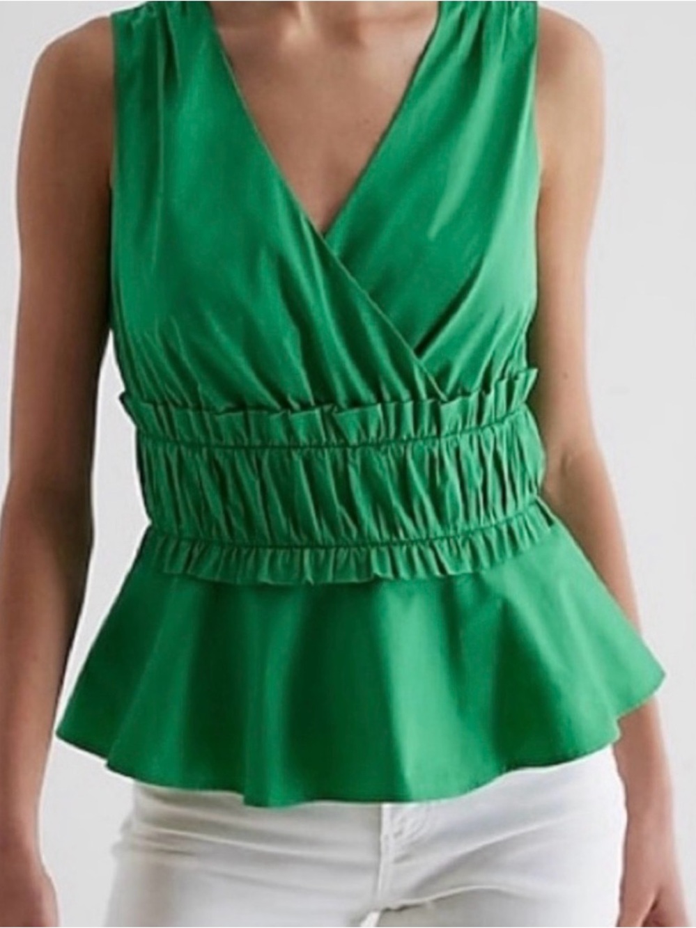 Green Ruffle Waist V-Neck Women's Top Express brand size L zip back.
